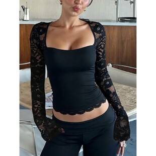 Lace sleeved hollow long women splicing 女士蕾丝镂空拼接长袖