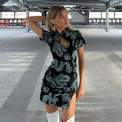 Trendy Street Style Printed Short Sleeve Cheongsam Dress女士