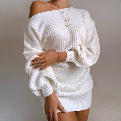 Sweater casual lantern sleeve knitted sweater dress  连衣裙