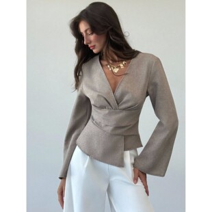 neck for pleated hem women asymmetrical V领褶皱不对称下摆女V