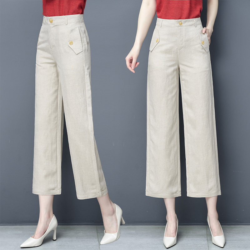 棉麻阔腿裤女高腰垂感2020新款夏季薄款直筒百搭宽松八分休闲裤子