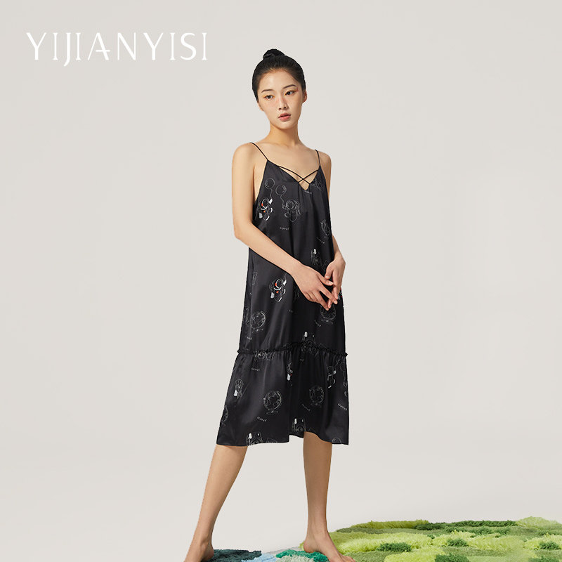 一茧一丝真丝睡裙100%桑蚕丝吊带性感睡衣连衣裙家居服可外穿夏季