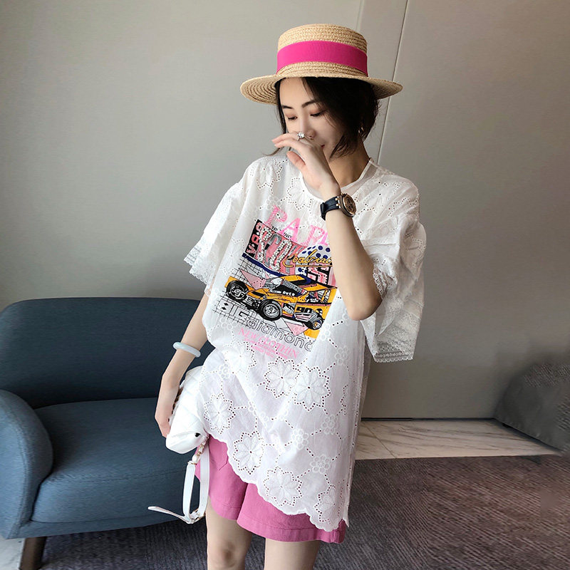 镂空蕾丝边喇叭袖T恤女大版宽松中长款体恤衫欧洲站2020夏装新品