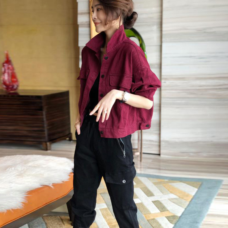 红色工装牛仔外套女短款小个子薄款夹克上衣潮春秋2022新款欧洲站