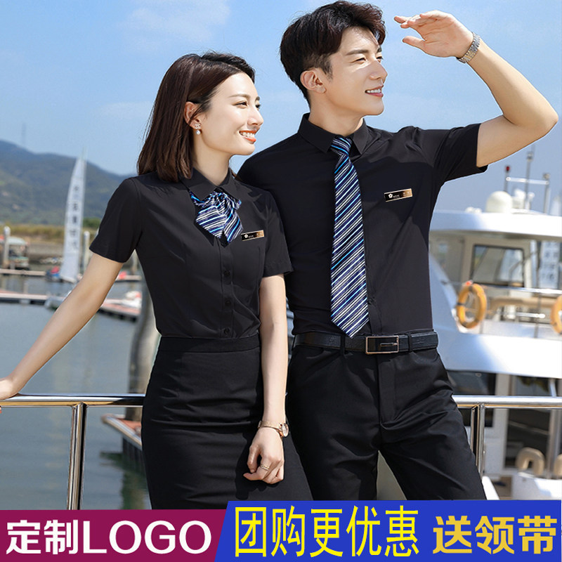 职业装黑色短袖衬衫女气质酒店前台工作装美发师酒吧KTV工作服夏