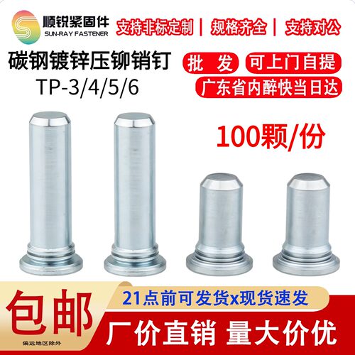 碳钢镀锌压铆销钉钣金无牙螺钉定位销钉圆柱平头导向销TP-3/4/5/6