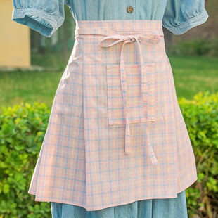 韩式围裙带大口袋精致做工无袖格子图案围裙厨房成人罩衣半身