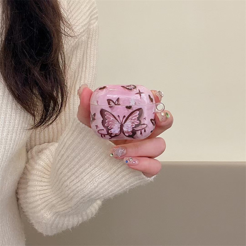 简约风粉色油画蝴蝶适用airpods4代耳机套2/3三代airpodsPro第二代保护壳苹果蓝牙耳机套Pro2少女软壳创意潮