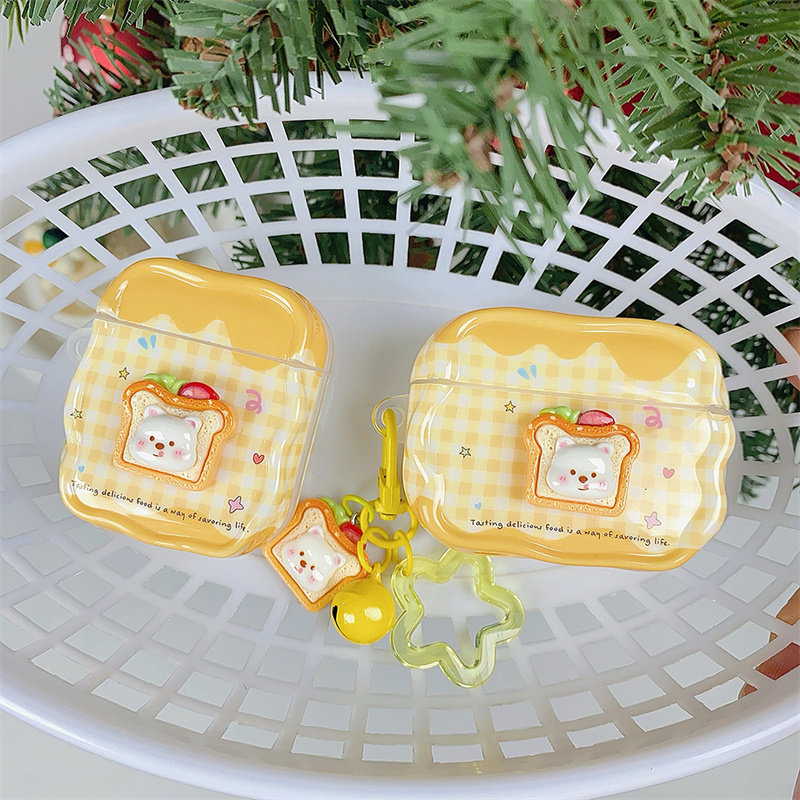 卡通立体可爱吐司面包小熊适用airpods4代降噪版耳机套苹果2/3三代AirpodsPro第二代保护壳Pro3软壳萌系少女