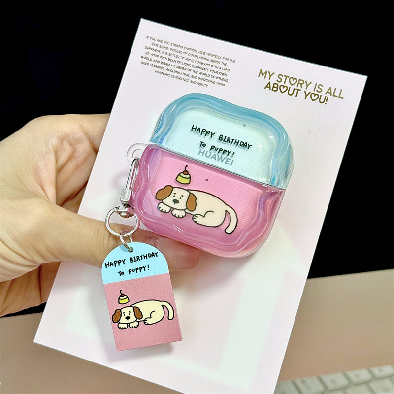趣味可爱布丁小狗适用华为freebuds6i/freeClip2耳机壳保护套6i/5I软壳SE2/3保护壳透明卡通情侣拼色蓝粉少女