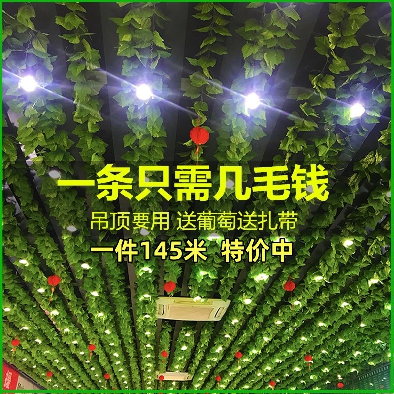 彷真葡萄叶绿藤条藤蔓绿叶植物管道缠绕室内屋顶格栅悬吊式天花板