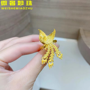 古法黄金传承凤凰戒指女款999足金凤舞九天活口指环纯金结婚三金