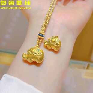 5D硬金黄金墩墩象吊坠女999足金珐琅吉象大象项链纯金挂坠送女友