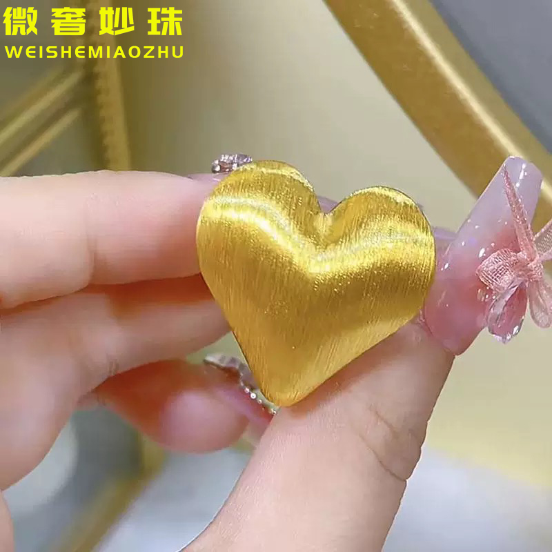 5D硬金黄金拉丝爱心戒指女999足金大气心形指环纯金食指戒送女友