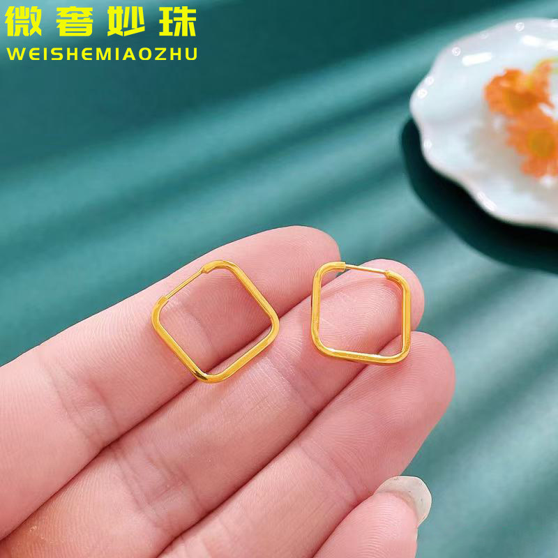 5G黄金几何耳环女999足金气质ins风方形耳扣纯金百搭耳饰送礼正品