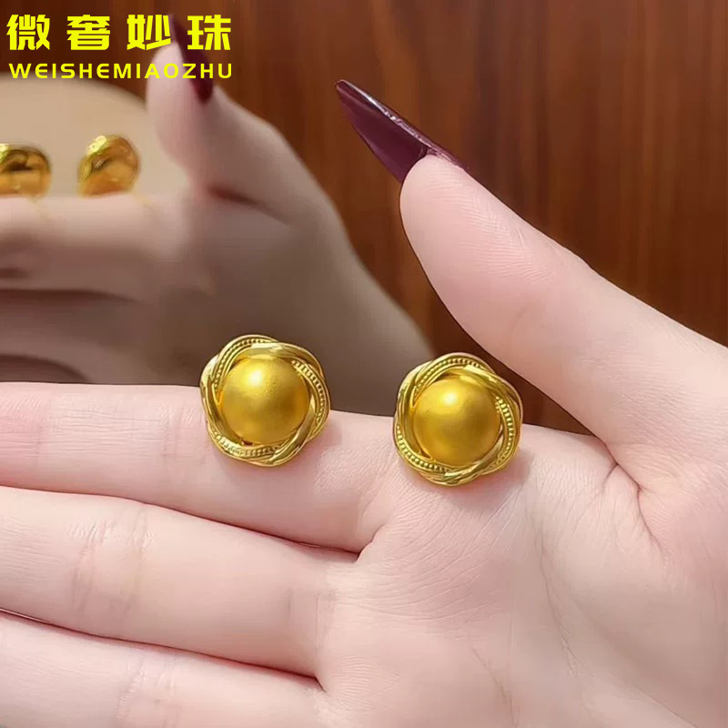 5D黄金花边球球耳环女999足金有求必应大气纯金耳钉新款耳饰送礼