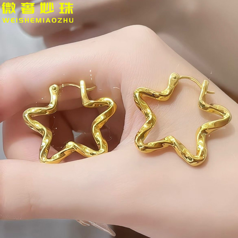 5D硬金黄金星星耳环女999足金大气镂空气质耳扣纯金时尚耳饰送礼