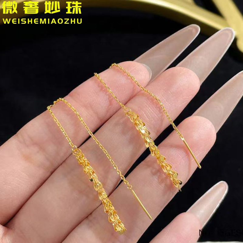 5G黄金凤尾链耳线女999足金长款流苏气质耳环纯金新品耳饰送女友