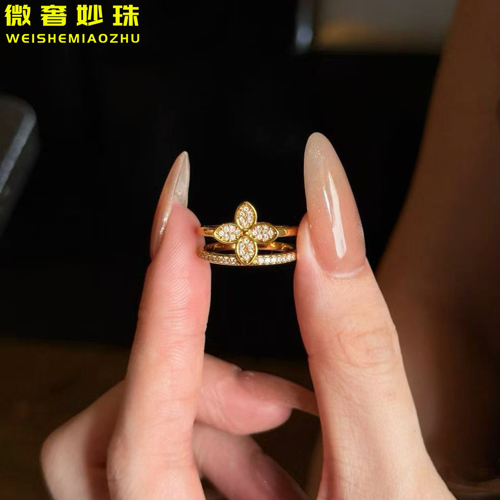 5D硬金黄金双环戒指女999足金气质幸运四叶花点钻镶嵌指环送女友