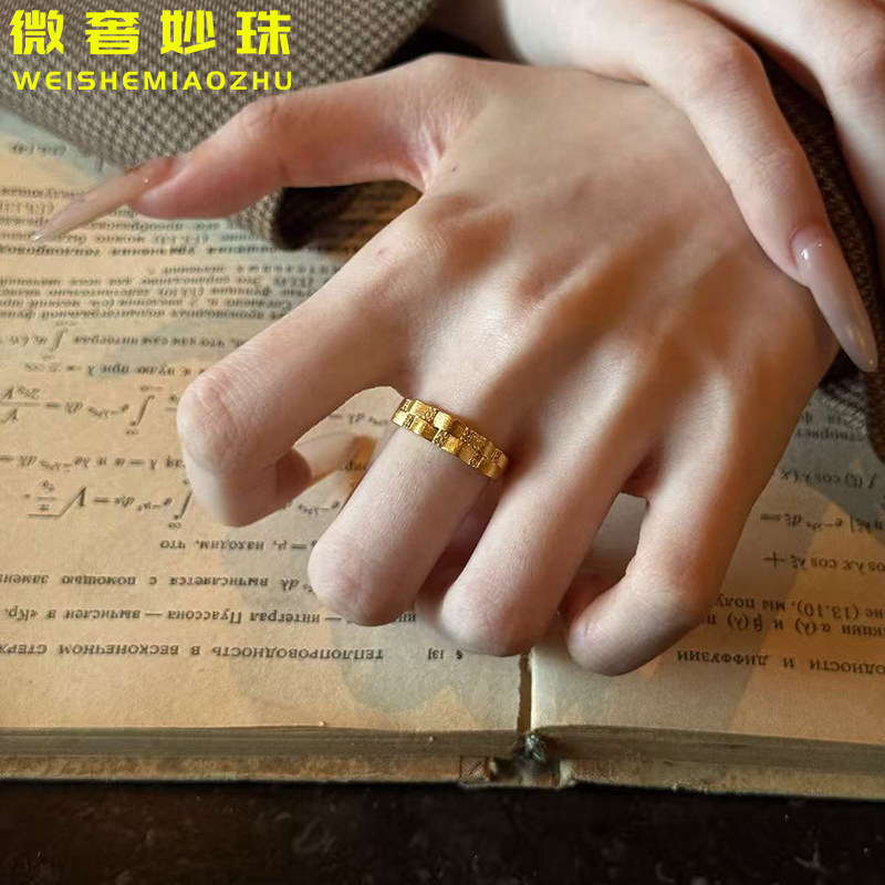 5D硬金黄金双排波浪戒指女999足金气质新款镶嵌指环食指戒送老婆图片