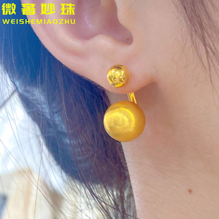 5D硬金黄金拉丝球耳环女999足金新款光珠耳钉纯金正品耳饰送女友