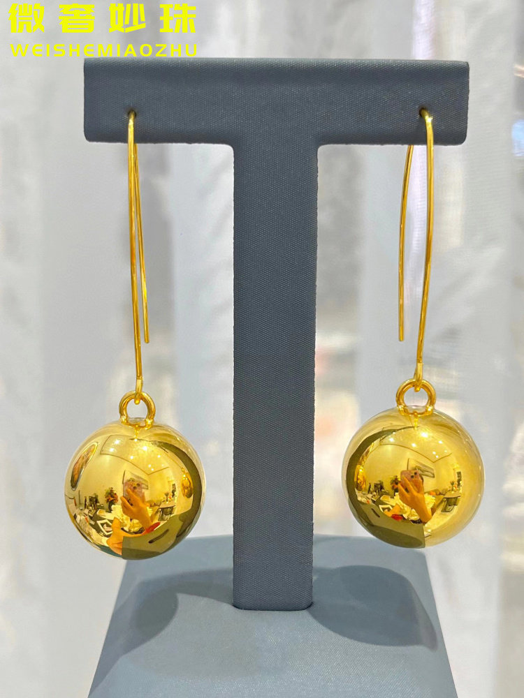 5D硬金无氰黄金光珠耳环999足金长款耳钩小众时尚球球耳环送女友