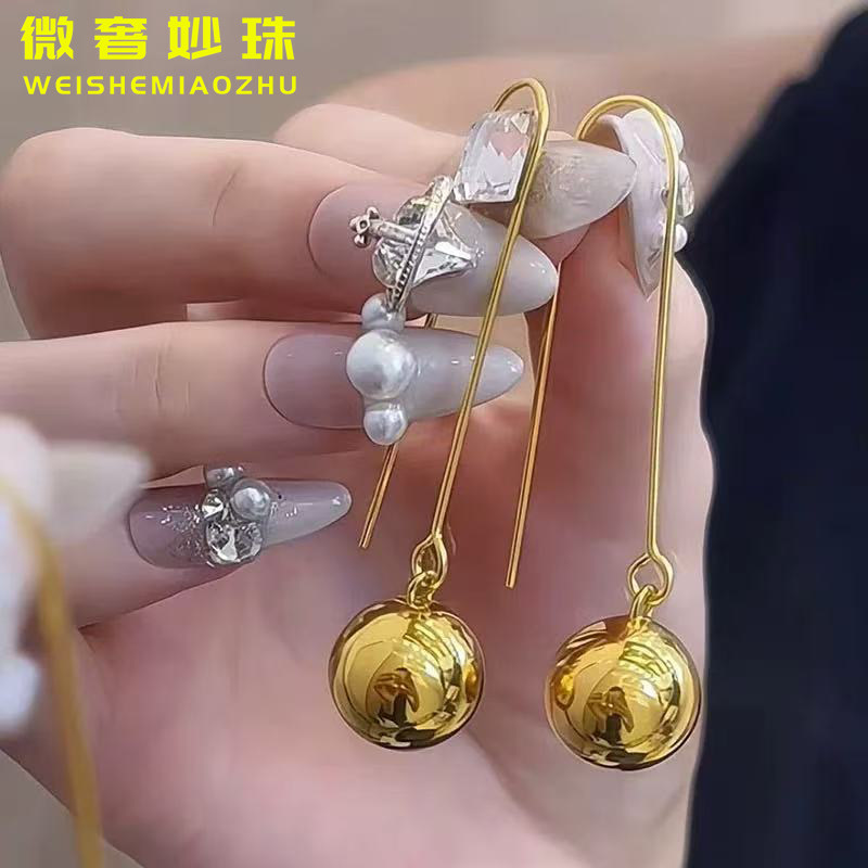 5D硬金黄金光珠耳环女999足金气质球球耳钩纯金时尚新款耳饰送礼