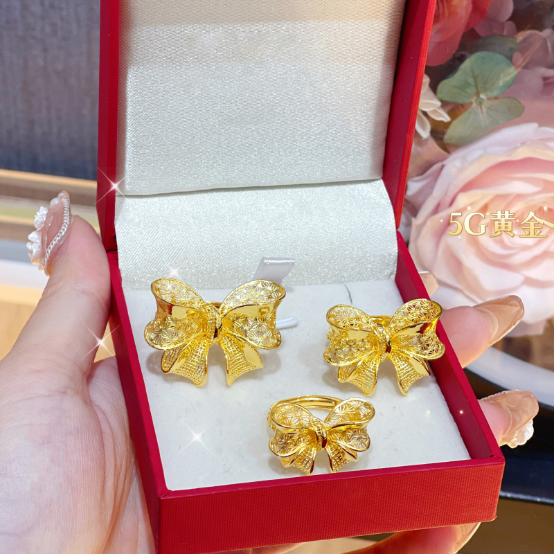 微奢妙珠女款足金黄金蝴蝶结戒指