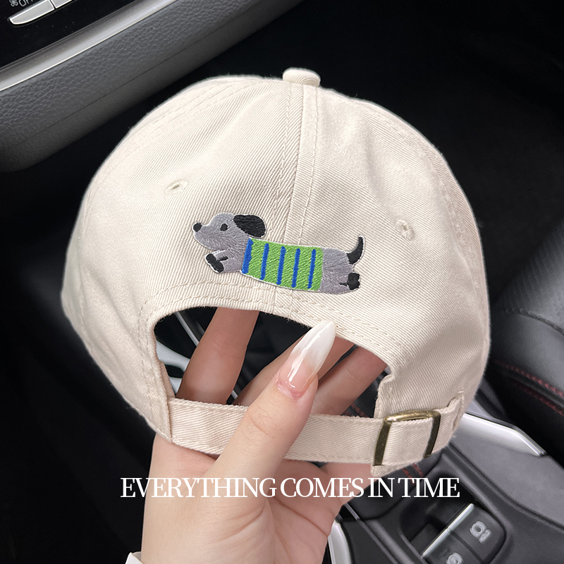 刺绣小狗米色棒球帽大脸显脸小