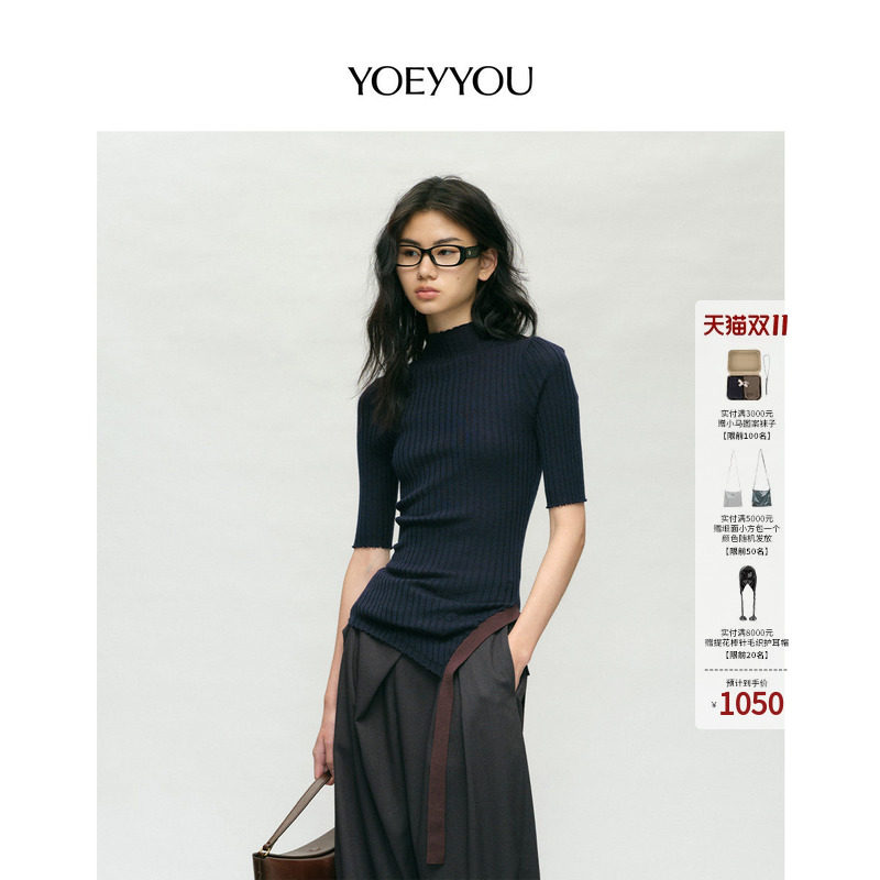 YOEYYOU宽坑条毛织上衣设计师款绵羊毛立领斜摆拼色织带针织衫女