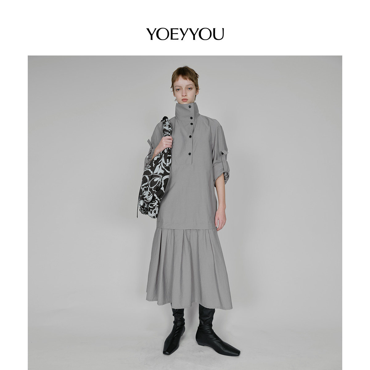 YOEYYOU斜襟领衬衫式连衣裙女秋季新款微皱肌理低腰廓形A字裙