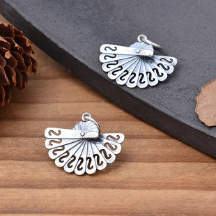 S925纯银折面扇子挂件复古国风磨砂S扇面手工编绳配饰DIY手串配件