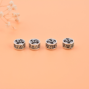 S925纯银六字真言镂空隔珠桶珠 泰银复古万字符DIY手串配饰