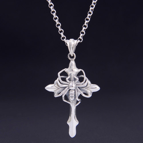 S925纯银蜘蛛十字架男士项链