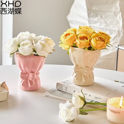 【超美】手捧花束陶瓷花瓶仿真花