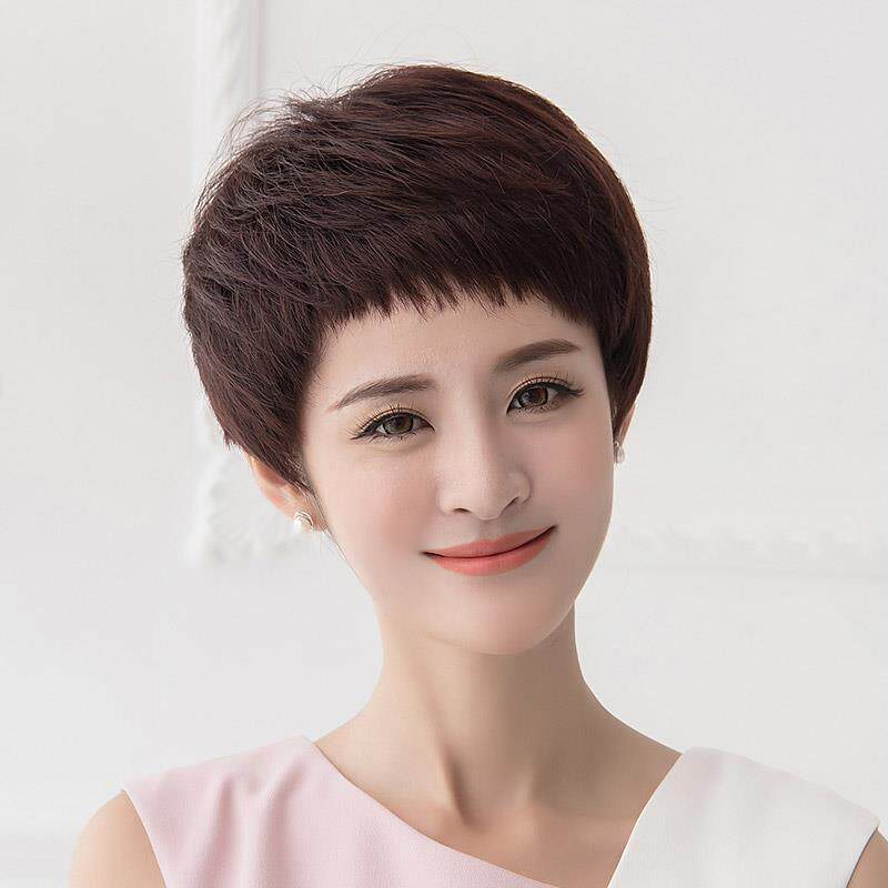新款l假发女短发中老年真发人丝假发发套帅圆脸妈气妈真发短卷全