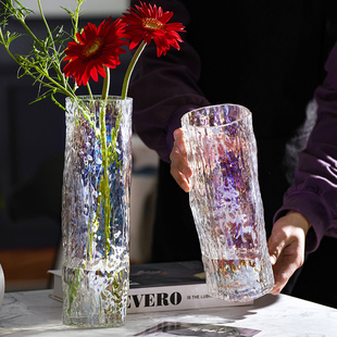 饰摆件 北欧简约透明玻璃花瓶树纹网红百合鲜花干花插花瓶客厅装