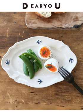 DEARYOU日本进口studio m燕子浮雕盘法式复古椭圆餐盘陶瓷点心碟