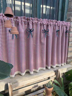 红色格子色织布窗帘美式法式隔断遮挡半帘短帘魔术贴免打孔可定制