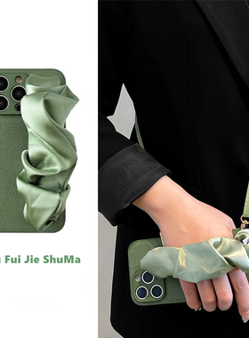 夏天绿色丝巾腕带适用华为pura70pro手机壳pura80pro保护套mate80女mate70/60pro斜挎p60皮质nova13/12防摔套