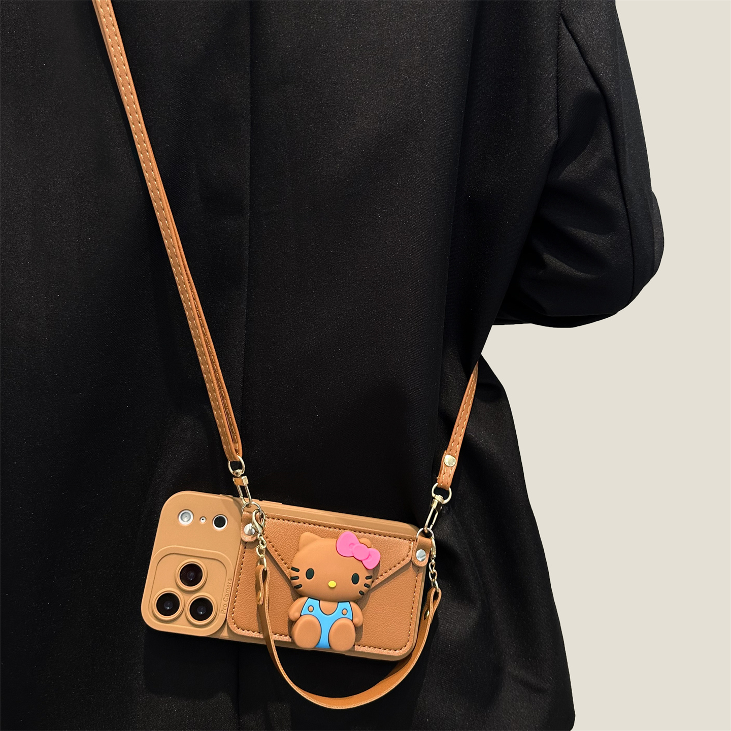 棕色蓝衣KT猫零钱包挂绳手机壳