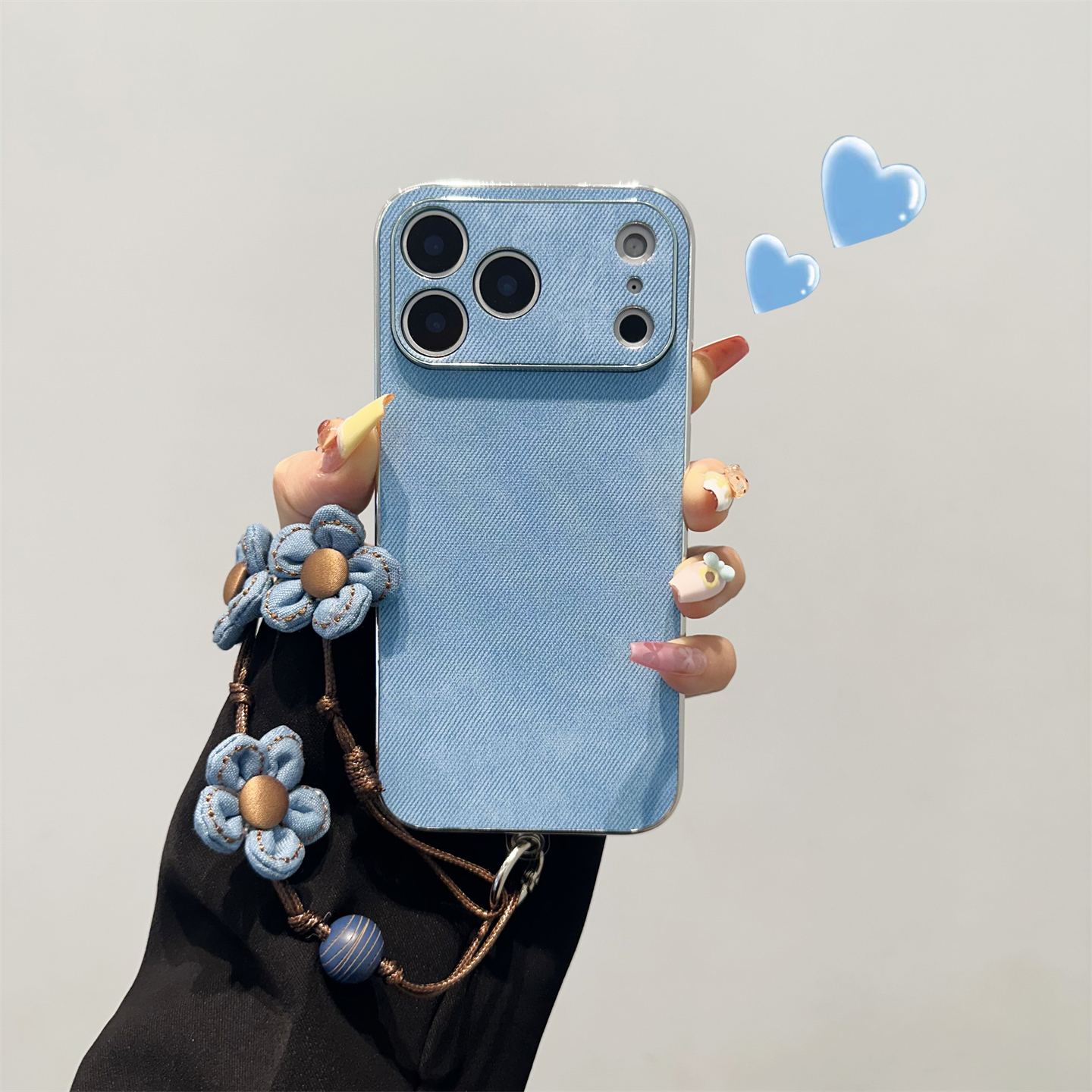 高级蓝牛仔花朵手绳皮纹手机壳