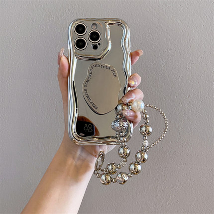 电镀银英文支架适用iphone17pro手机壳苹果15promax手链13斜跨挂绳12简约女款15pro镜面14plus高级感11新款pm