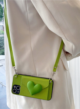 绿色大爱心零钱包适用opporeno14手机壳reno13/12/11pro斜挎reno10背带reno9简约findx8/7皮纹A2/A3/A5防摔套