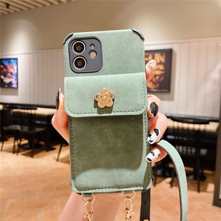 山茶花零钱包适用iPhone17promax苹果16手机壳15pro斜挎12背带挂绳13pro插卡14plus链条11防摔xs保护壳16全包