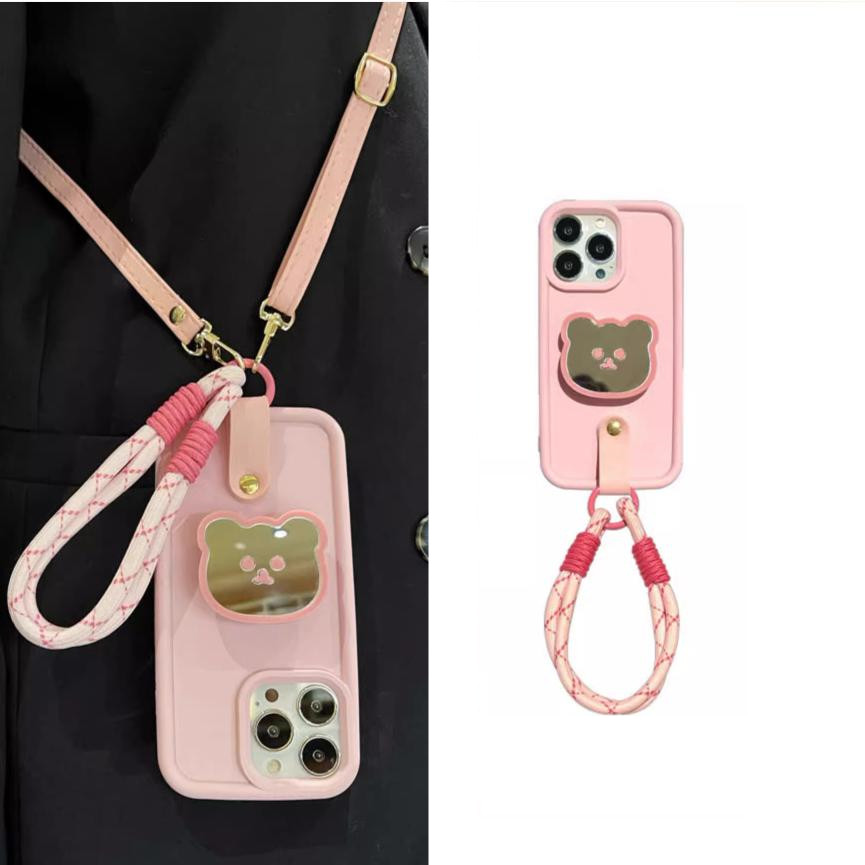 杏粉小熊镜面支架手绳适用荣耀100/200pro手机壳300荣耀magic7/6曲屏斜跨90gt挂绳70/60个性x50i/x40/x30女款