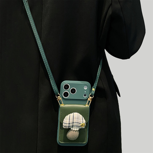 绿色格纹蘑菇卡包适用iphone17promax手机壳16promax斜挎苹果13女15创意14pro背带绳12硅胶xr全包边8挂绳11软