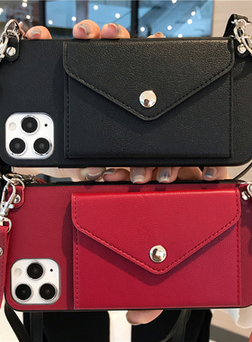 荔枝皮纹斜挎卡包适用iPhone15pro手机壳苹果17pro网红13全包边16promax防摔硅胶12简约11手提挂绳plus保护套