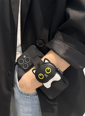 黑色Q版猫咪腕带适用华为pura70pro手机壳mate70/60pro保护套斜跨pura80斜挎p60背带p50挂绳nova14/13/12全包