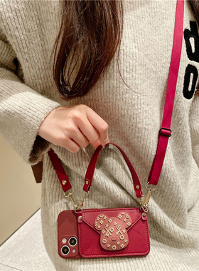 红色小熊卡包适用华为pura80pro手机壳mate70/60斜挎pura70pro+挂绳mate80全包nova14/13/12荣耀400防摔300女